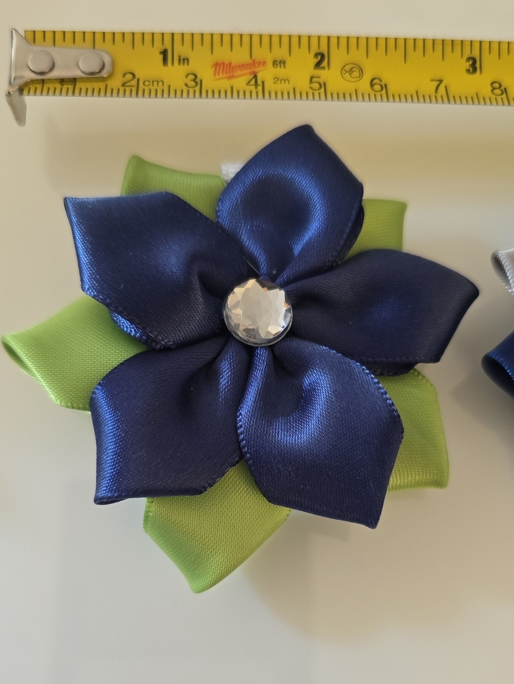 Handmade, Blue & Green Satin Flower Hair Clips for Kids - Set of 2 - Picture 5 of 5